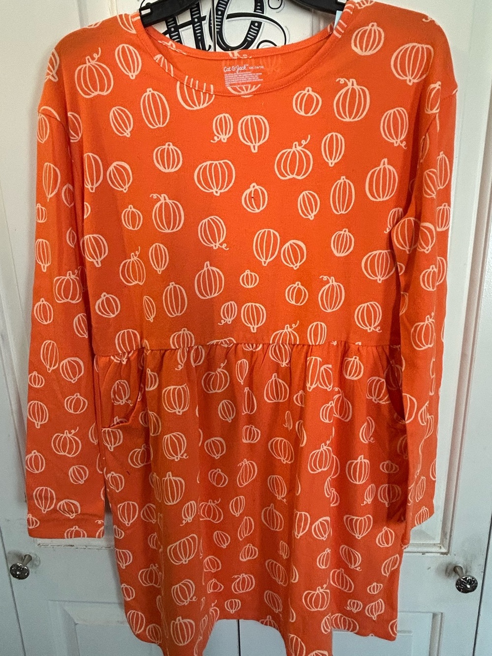 Cat & Jack Fall Orange Pumpkin Halloween Girls Dress Pockets Size XXL (16/18)NEW